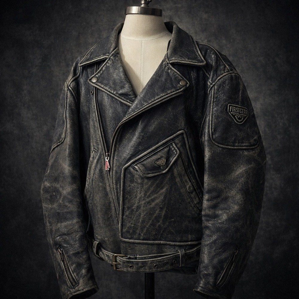 Distressed Leather Moto Jacket Biker Patina Belted Lace Sides Armored Sleeves XL